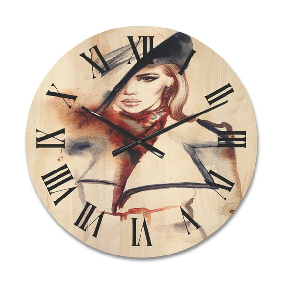Designart 'Fashion Portrait of Woman Wearing Hat' Modern Wood Wall Clock