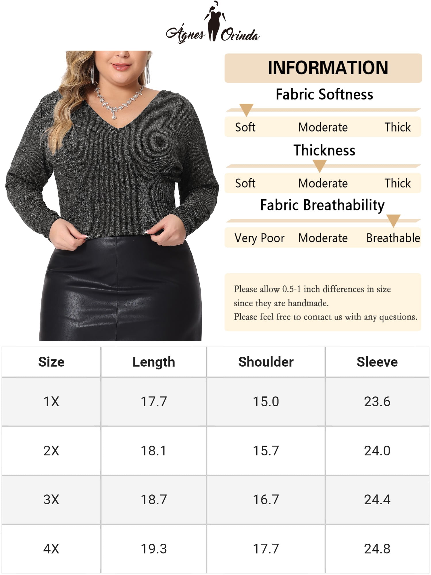 Unique Bargains Women Plus Size Top Metallic V Neck Long Sleeve Glitter Party Blouses Silver 1X