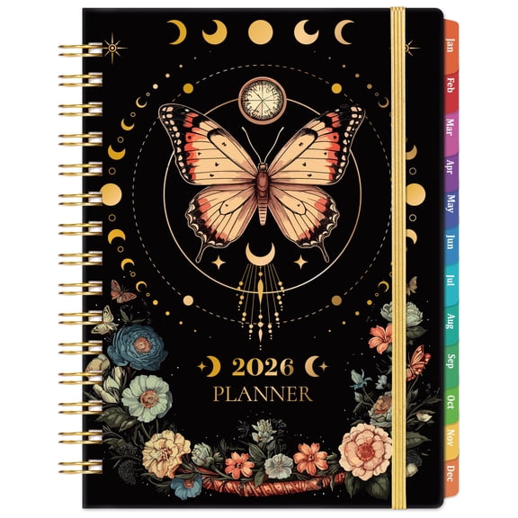 Planner for 2026, Jan 2026 - Dec 2026 Weekly Monthly Organizer, 6.4" x 8.5" Format with Tabs, Back Pocket and Thick Paper, Butterfly Pattern, black