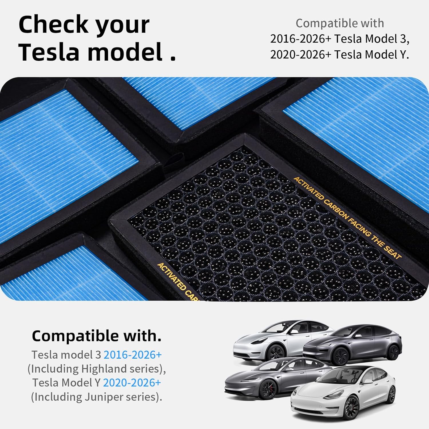 Air Conditional Replacement with Activated Carbon for Tesla Model 3 Model Y HEPA Cabin Air Filter Accessories 2016-2024/2025/2026 Juniper Highland Upgraded Version(2 Pack)