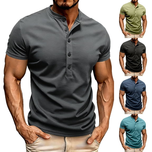 WIZUTIZ Mens 5 Button Henley Short Sleeve Henley Shirts Muscle Fit Summer Casual Dressy Business Tops