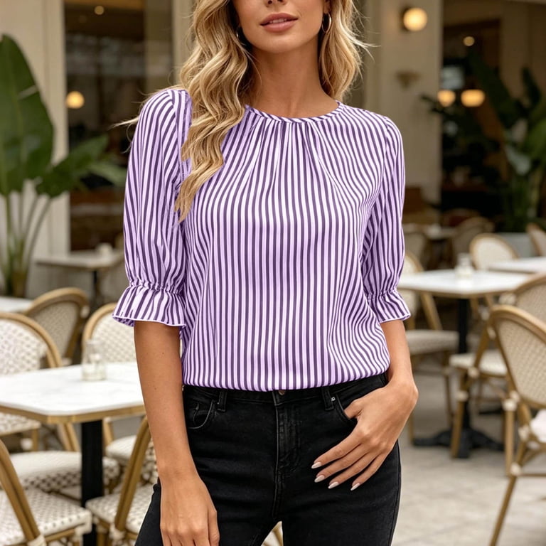 YFNNUP Summer Tops for Women Pleated Cuffs 3/4 Length Sleeve Tunic
