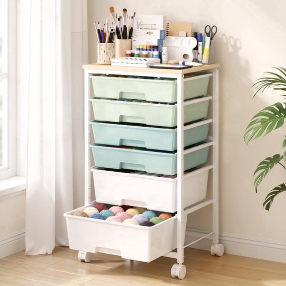 Delamu Kitchen Rolling Storage Cart, 6-Drawer Storage Drawers Cart with Wooden Tabletop & Lockable Casters for Living Room,Office,Classroom,Craft Room,Kitchen