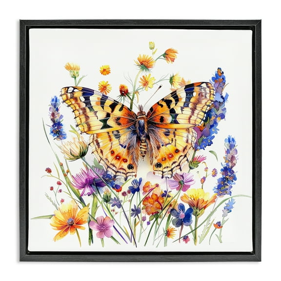 Stupell Industries Garden Flowers & Butterfly Insects Painting Black Floater Framed Canvas Art Print Wall Art, 18 x 18