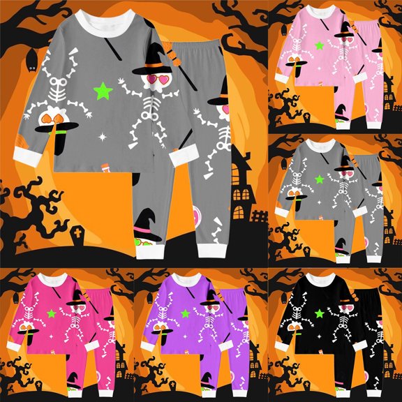 Kcolen Halloween Gifts Halloween Pajamas 2Pcs Outfits for Teens,Long Sleeve Cute Print Crewneck Top Elastic Long Pants for Party Homewear