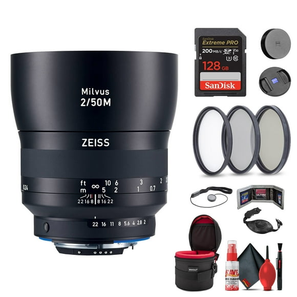 Zeiss Milvus 50mm F/2M ZF.2 Lens for Nikon F (2096-558) + 128GB Extreme Pro SD Card + 67mm 3-Piece Filter Kit + Padded Lens Case + Memory Card Wallet + Hand Strap + Mini Tripod & Cleaning Kit