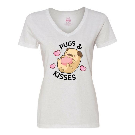 Inktastic Valentines Day Pugs & Kisses with Hearts Women's V-Neck T-Shirt
