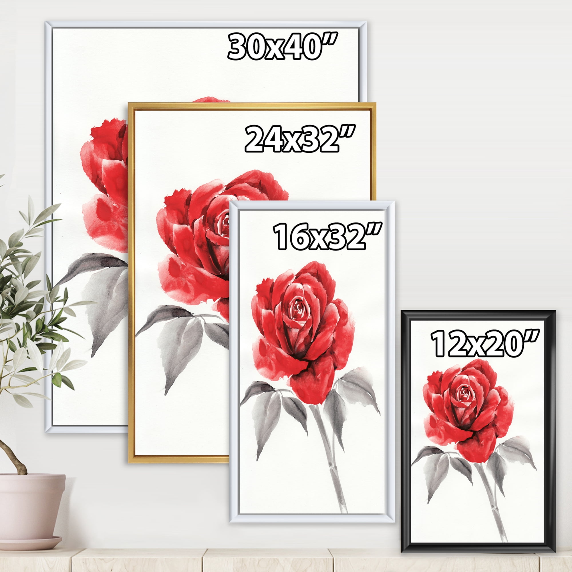 Designart 'Ancient Red Rose Flower I' Traditional Framed Canvas Wall Art Print