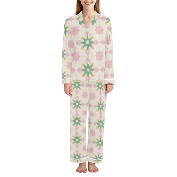 FORMRS Womens Pajama Set Long Sleeve Top and Pants with Pockets Soft Comfy Lounge Sleepwear, Sizes S-2XL, Retro Green Stars