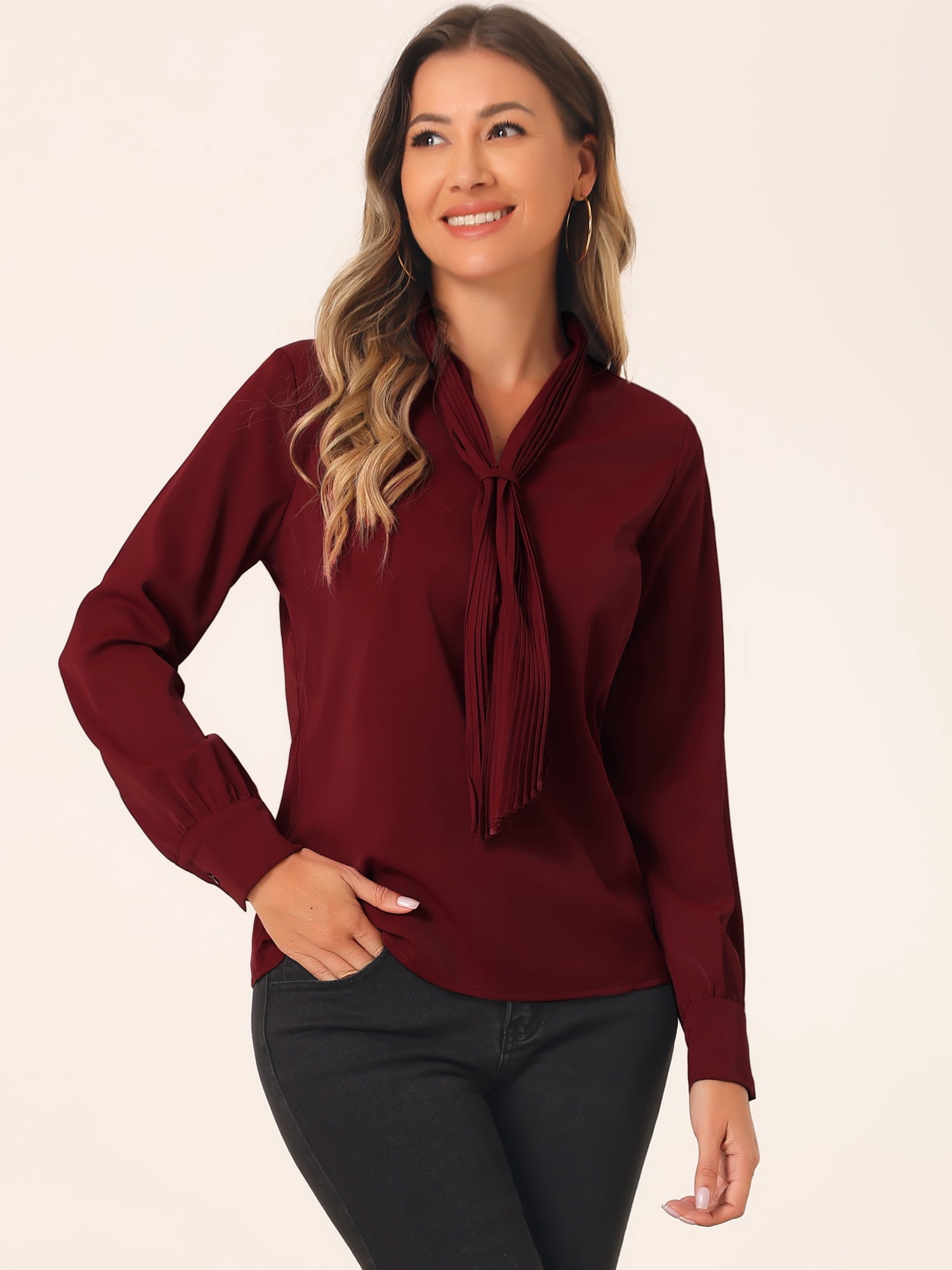 DARING DIVA Work Office Blouse Pleated Top Shirt L Dark Red