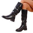 thumbnail image 4 of BRGZLK Women Knee High Slouch Boots Winter Solid Color Round Toe Side Zipper Chunky Heel Buckled Decor Mid-calf Boots for Out Going Black 43, 4 of 9