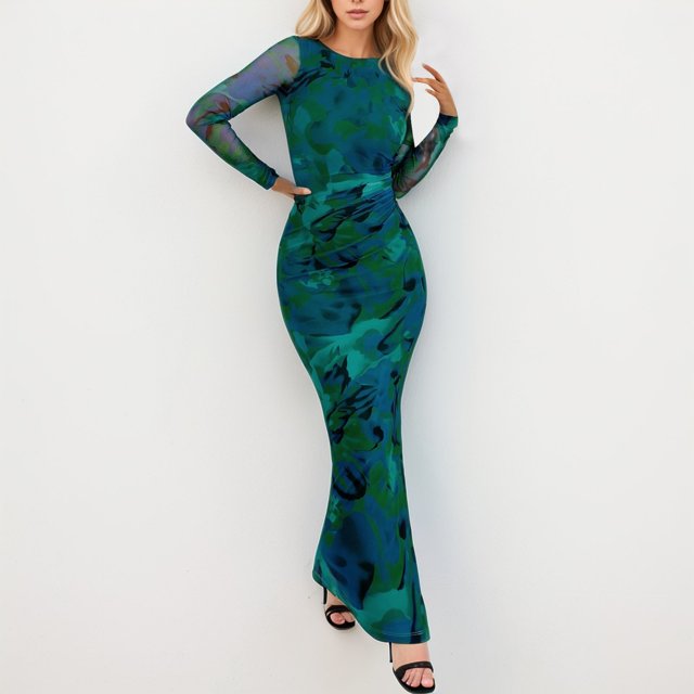 WILLBEST Vestidos de Verano para Mujer, Vestido Maxi Ajustado para Mujer, Moda de Otoño, Manga Larga, Estampado Floral, Ajustado, para Fiesta, Club, Vestidos Fruncidos Chica