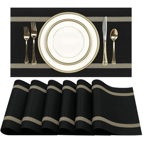 Placemats Set of 6, Heat Insulation Resistant Placemat for Dining Table Washable PVC Stripes Kitchen Table Mats-Black