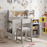 Reasea Kids Study Desk and Chair Set with Tiltable Desktop, Hutch & Storage - Wooden Writing Table for Ages 5-12, Grey