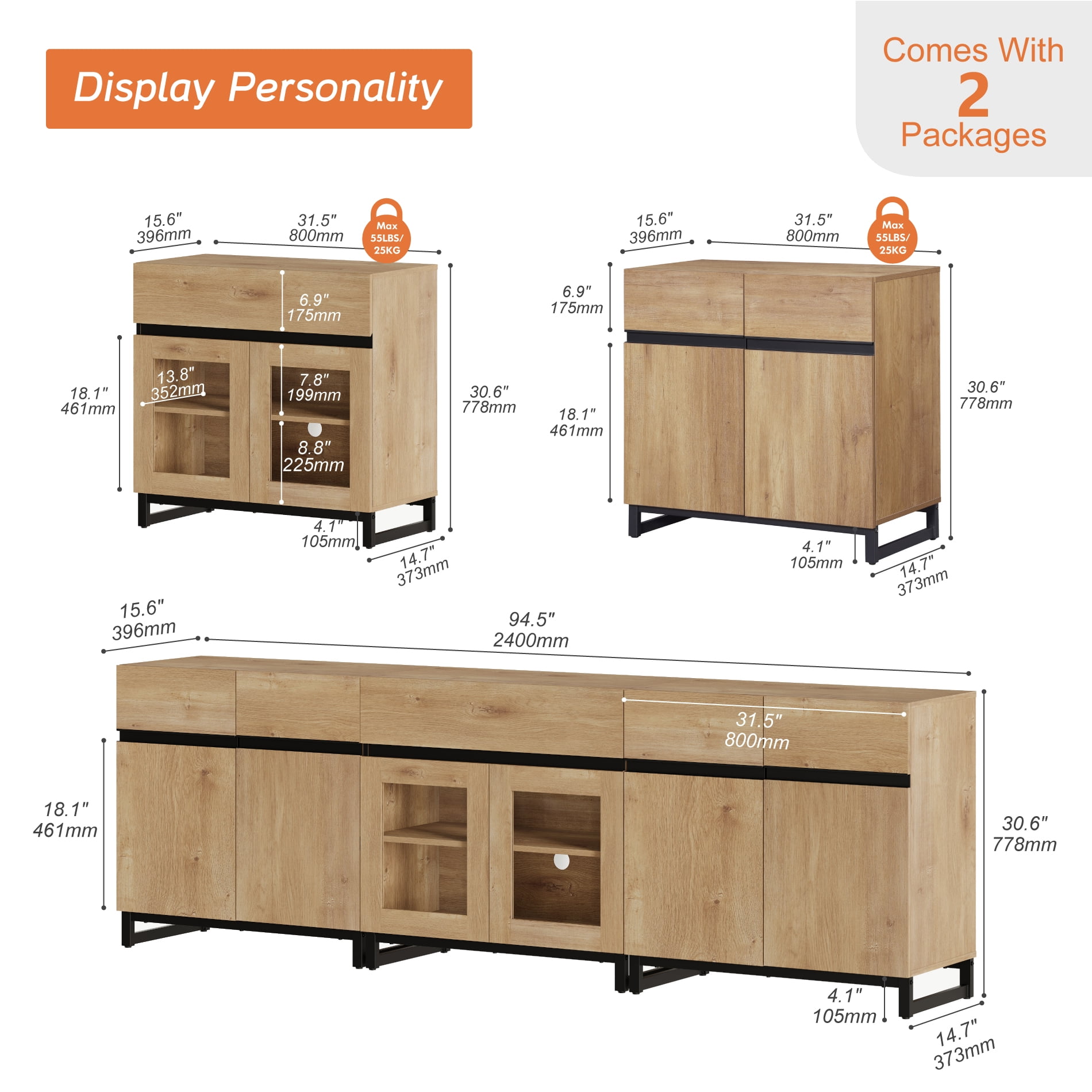 3 In 1 Modern Dresser with Glass Doors, Adjustable Shelves and Drawer, Metal Base Storage Cabinet, Multifunctional Chest Of Drawers for Bedroom Home Storage,Oak