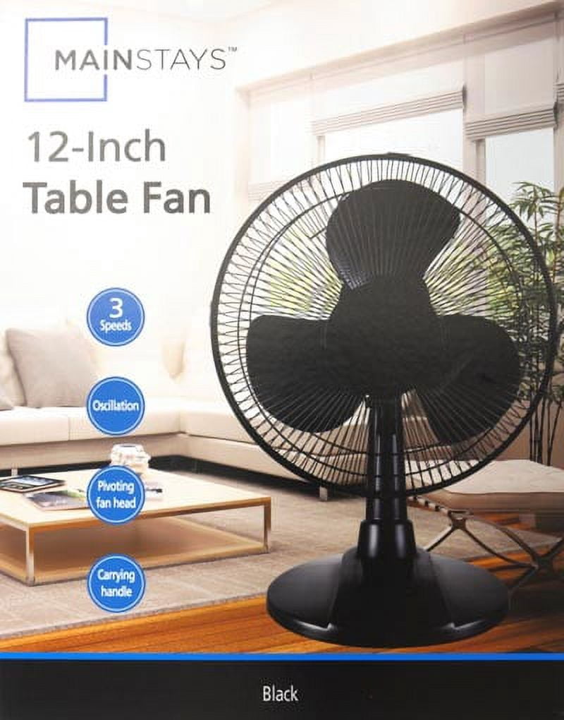 Mainstays 12 in 3-Speed Oscillating Table Fan, FT30-13PB, Black