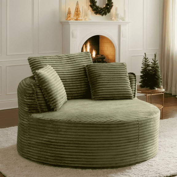 Eyisean 53.5" Oversized Round Chaise Lounge Chair Indoor, Comfy Corduroy Upholstered Boneless Couch with Pillow, No Assembly Required, Deep Seat Lounge Floor Sofa Chair for Living Room, Apartment