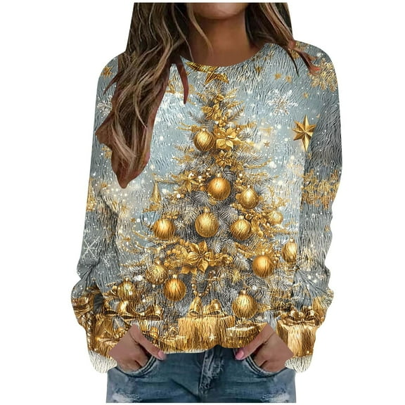 Womens Christmas Tree Outfits Graphic Pullovers Christmas Printed Shirts Shining Star Sweatshirt Santa Claus Garments Festival Fashion Blouses Clothing