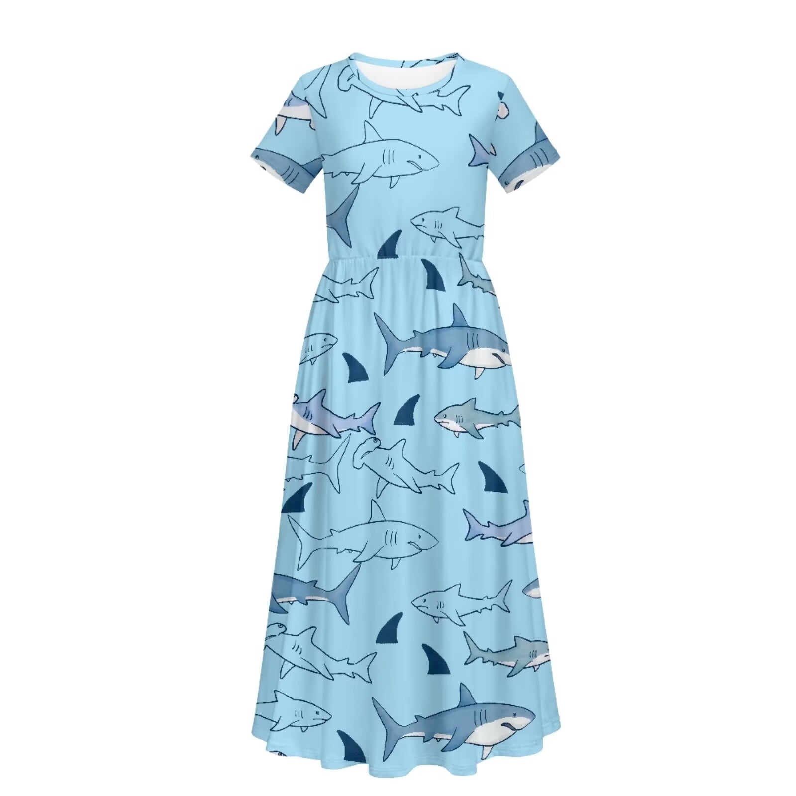 Uourmeti Blue Shark Print Girls Maxi Summer Dress with Pocket Short Sleeve Spring Boho Long Sundress Casual School for Kids, Size 5-6 Years