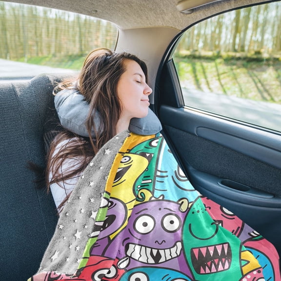 Cute Monsters Travel Blanket Pillow Compact Foldable Airplane Throw Blanket with Trolley Sleeve for Travel Camping