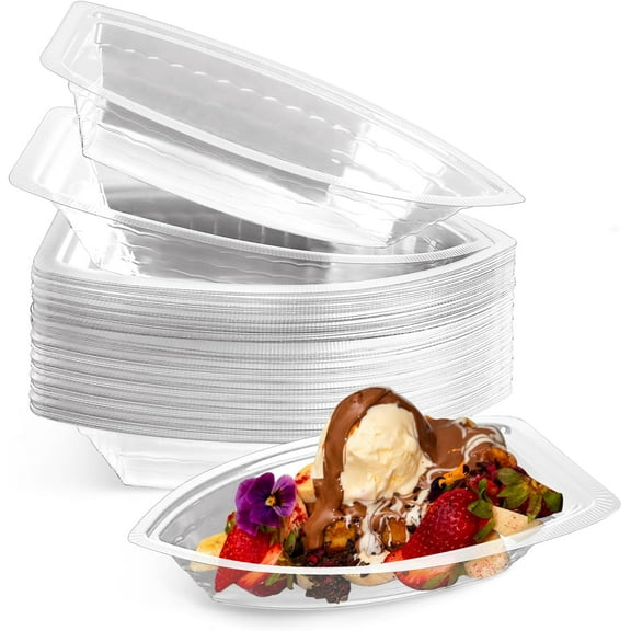 50 Pack Disposable Banana Split Boats, Ice Cream Sundae Bowls, and Clear Plastic Disposable Dessert Bowls for Parties, Concession Stands, Restaurants, Food Trucks, and Bakeries.