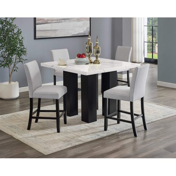 5pc Dining Table Set Counter Height Square Faux Marble Table Top Light Gray Fabric Upholstered Chair Dining Room Wooden Furniture Solid Wood