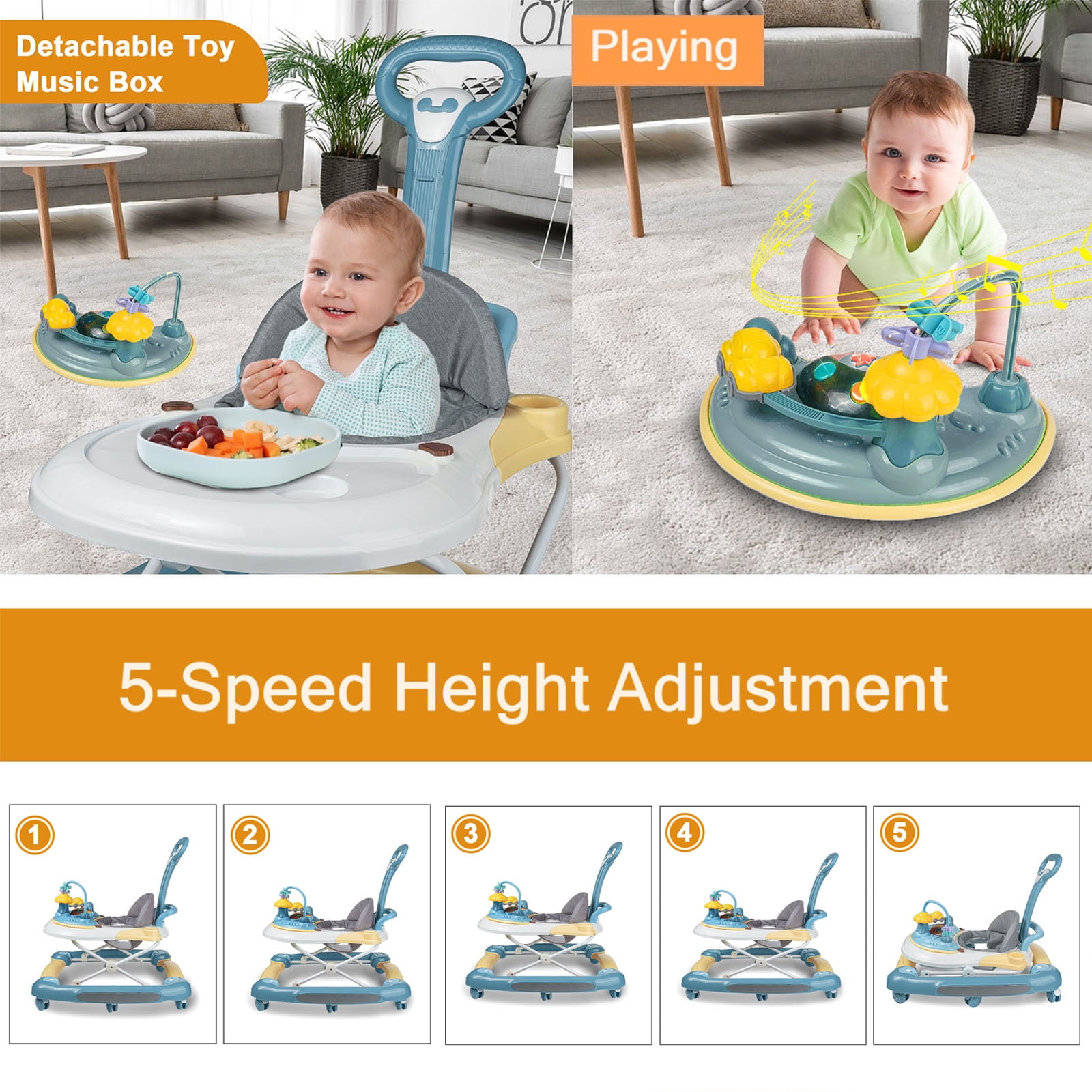 EONROACOO 5-in-1 Baby Walker for Boys Girls, Adjustable Infant Walkers with Wheels(Green)