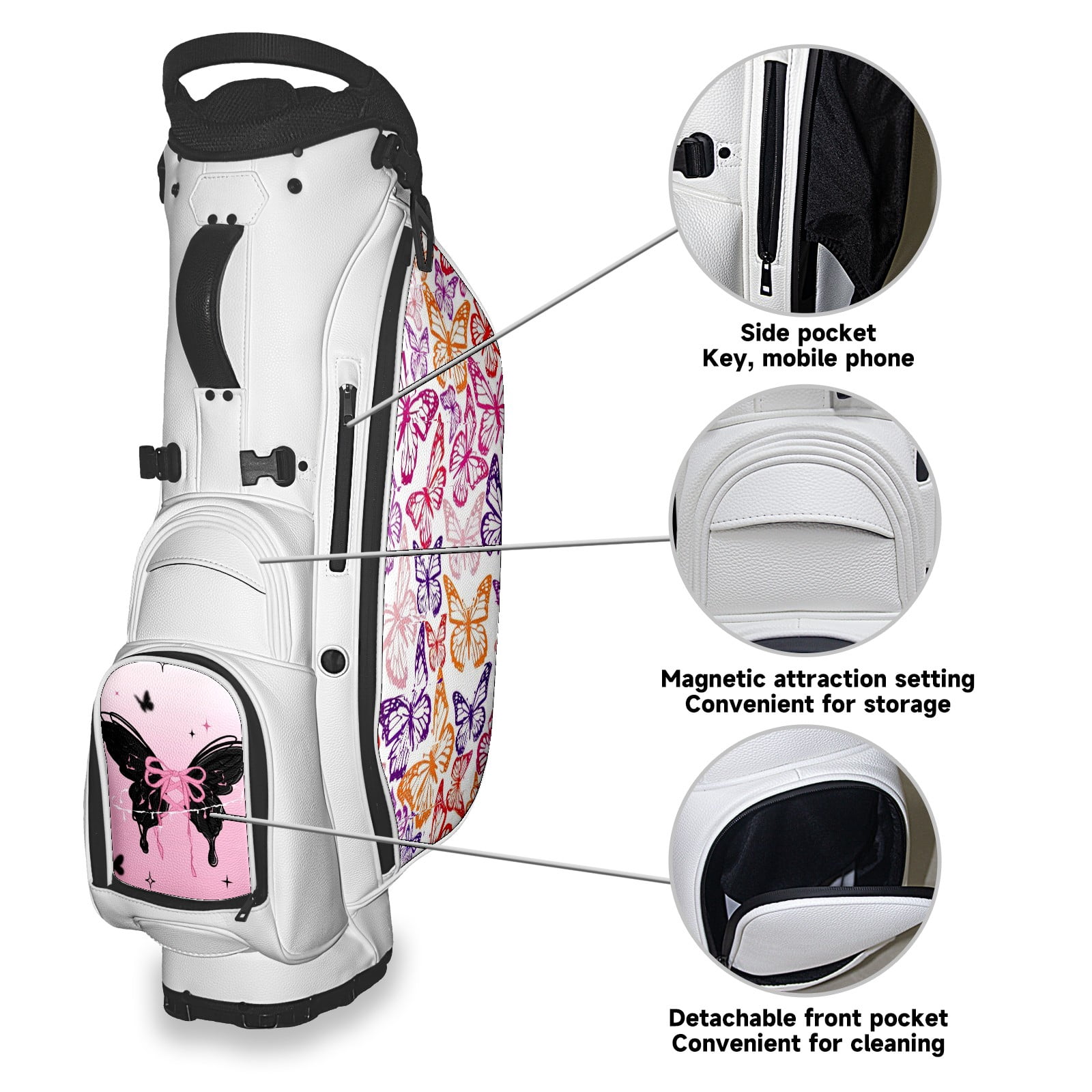 5 Ways Divider Golf Bag Waterproof Leather Golf Stand Bag Large Capacity & Versatile Personalized Customized Printing Golf Club Bag for Men Women Black-spotted Butterfly