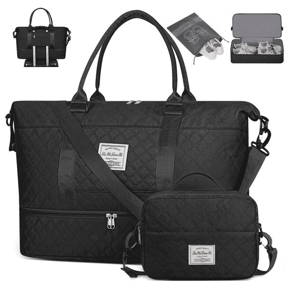 DAKOMM Women Travel Duffle Bag with Shoe Compartment, Carry on Overnight Bag Weekender Bag Travel Bag Duffel Tote Yoga Gym Bag with Wet Pocket and Toiletry Bag for Labor and Delivery, Black