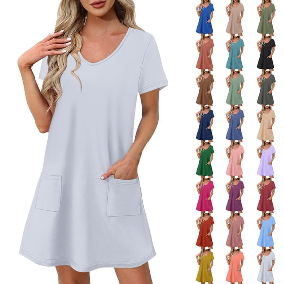 SROBPTY Summer Dresses for Women Solid V Neck Short Sleeve Classic