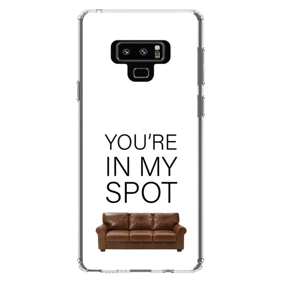 DistinctInk Clear Shockproof Hybrid Case for Samsung Galaxy Note 9 - TPU Bumper, Acrylic Back, Tempered Glass Screen Protector - Brown Couch "You're in My Spot"