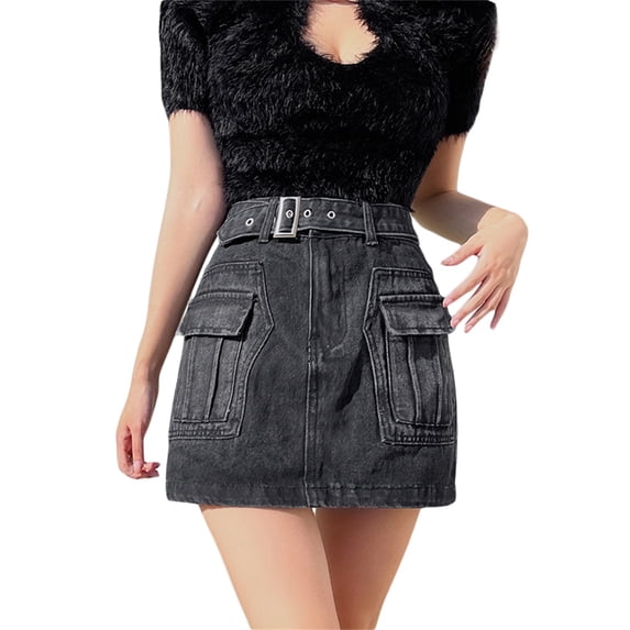 Franhais Women's Skirt, Vintage A-Line Side Pockets Denim Skirt with Belt Summer Jean Short Skirt