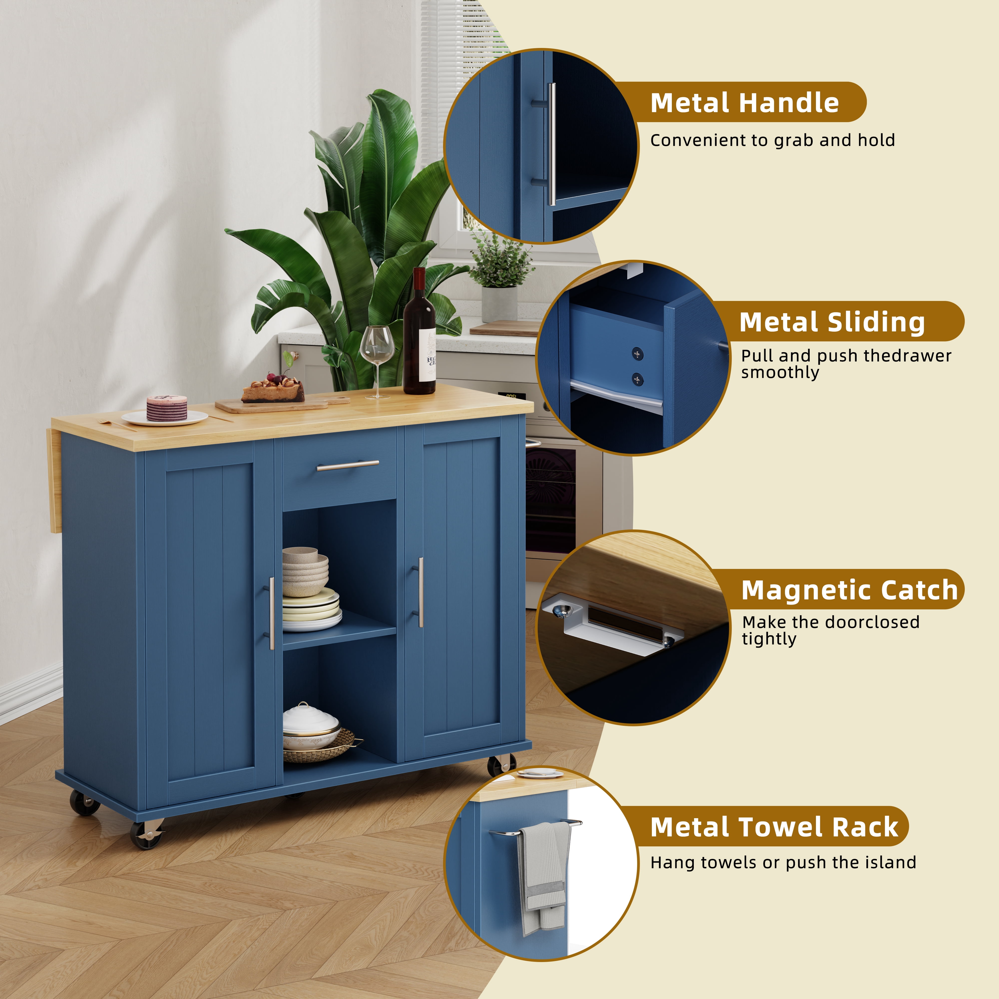 Walsunny Kitchen Islands Carts with Drop Leaf Table 1 Drawer 5 Wheels 2 Magnetic Doors Rolling Storage Cabinet Blue