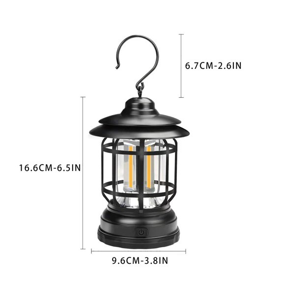 Portable Waterproof LED Camping Lantern with Dimmer, Hanging Hook, and Retro Design for Outdoor Tents, Hiking, and Emergency Use in Black