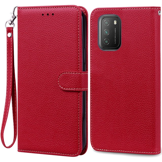 POCOM3 POCO M3 Case Retro Wallet Leather Flip Case For Xiaomi Mi Poco M3 Pro Case M3Pro 5G Phone Cover Coque Fundas Capa Dark Red -Strap POCO M3 Pro 5G