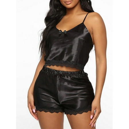 

Enwejyy Women Nightgrown 2pcs Outfits Silk Lace Stitching Sexy Homewear Pajamas Sets