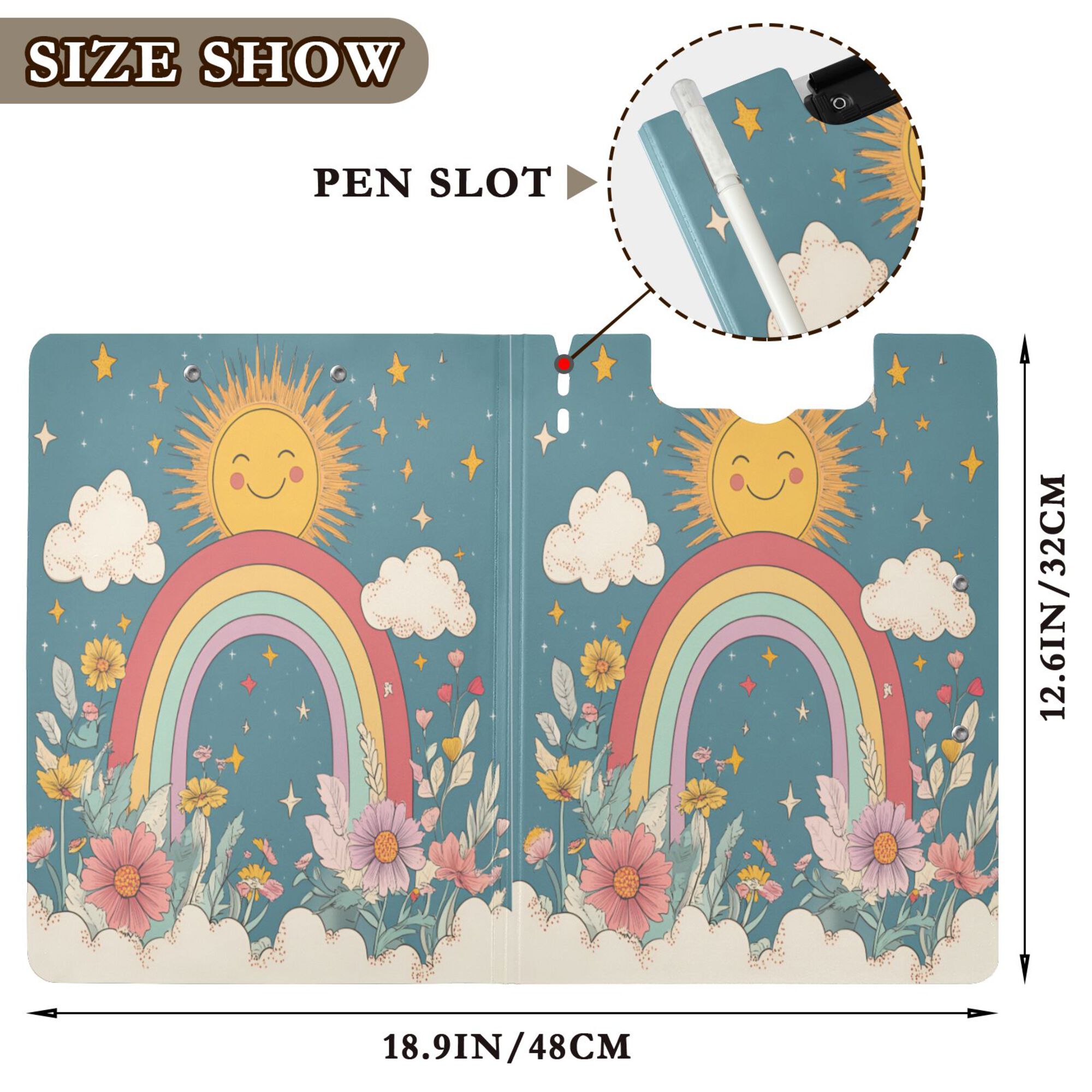 FORMRS A4 Clipboard Folder with Pen Holder Horizontal Foldable School Office Binder, Blue Rainbow