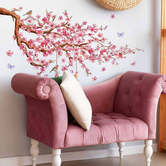 Branch flowers and butterfly wall decals Pink Cherry Blossom Floral Wall Decals Large Cherry Blossom Tree Branch Wall Stickers for Sofa TV Background Wall Decor Bedroom Living Room