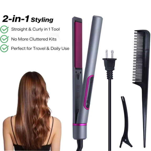 2 in 1 Hair Straightener and Curler, Adjustable Temp 100-230°C Flat Iron with Digital Display, Ceramic Floating Plates Fast Heating Auto Shut Off, Grey
