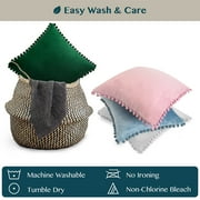 PAVILIA Dusty Blue Throw Pillow Covers with Pom Pom 18x18 Set of 2, Decorative Pillow Cases for Bedroom Aesthetic, Small Throw Pillows Set for Bed, Velvet Euro Plush Cushion Covers for Sofa Couch