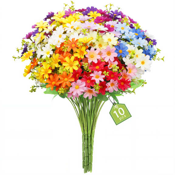Scidweet Artificial Flowers Outdoor, 10 Bundles Faux Fake Daisy Cemetery Flowers for Indoor Outside Spring Summer Patio Garden Porch Yard Home Decor, Mixcolor