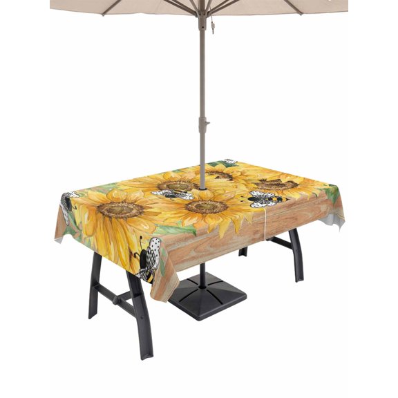Outdoor Tablecloth with Umbrella Hole for Patio/Picnic/Party/Camping, Sunflower Waterproof Table Cloth Rectangle Table Cover Washable, Green Botanical Yellow Floral Vintage (52"x 70")