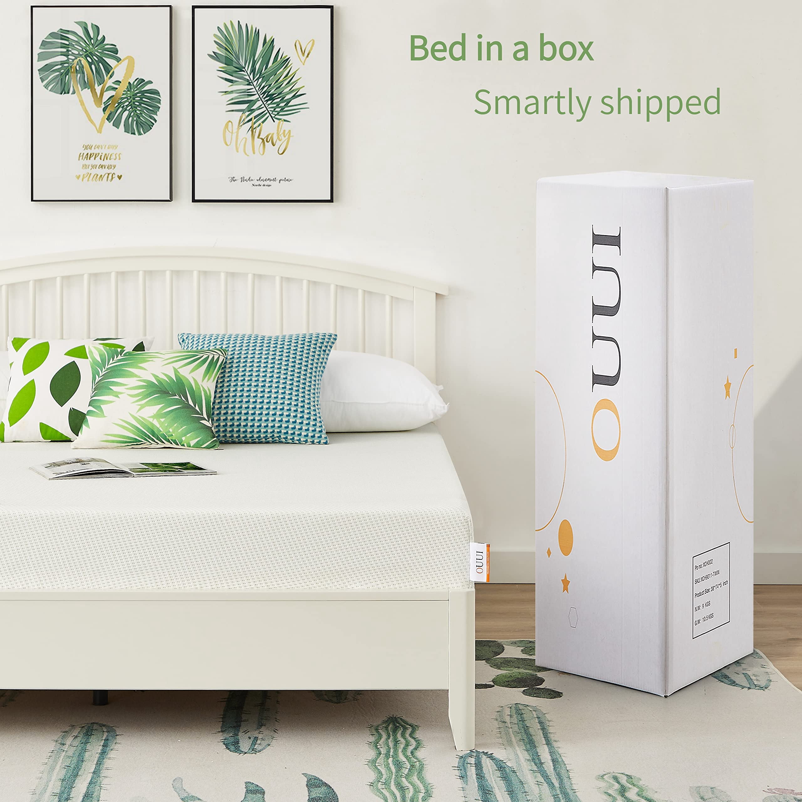 OUUI Twin Mattress, 5 inch Green Tea Cooling Gel Memory Foam Mattress in a Box for Kids Medium Feel CertiPUR-US Certified