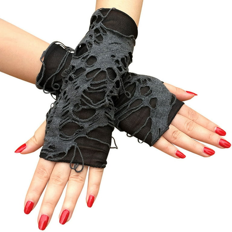 Anvazise 1 Pair Halloween Gloves Ripped Holes Fingerless Black