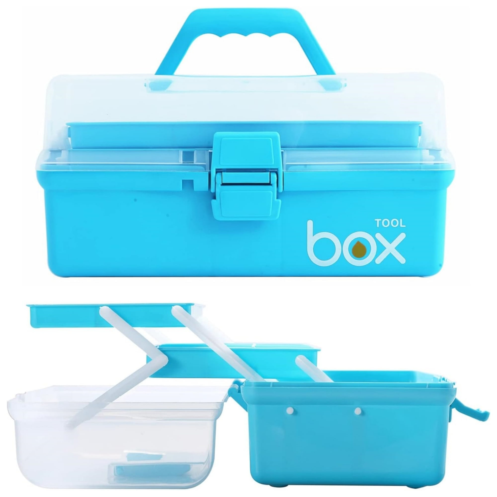 Kinsorcai 2PCS 12'' Three-Layer Clear Plastic Storage Box/Tool Box, Multipurpose Organizer and Portable Handled Storage Case for Art Craft and Cosmetic (Blue)