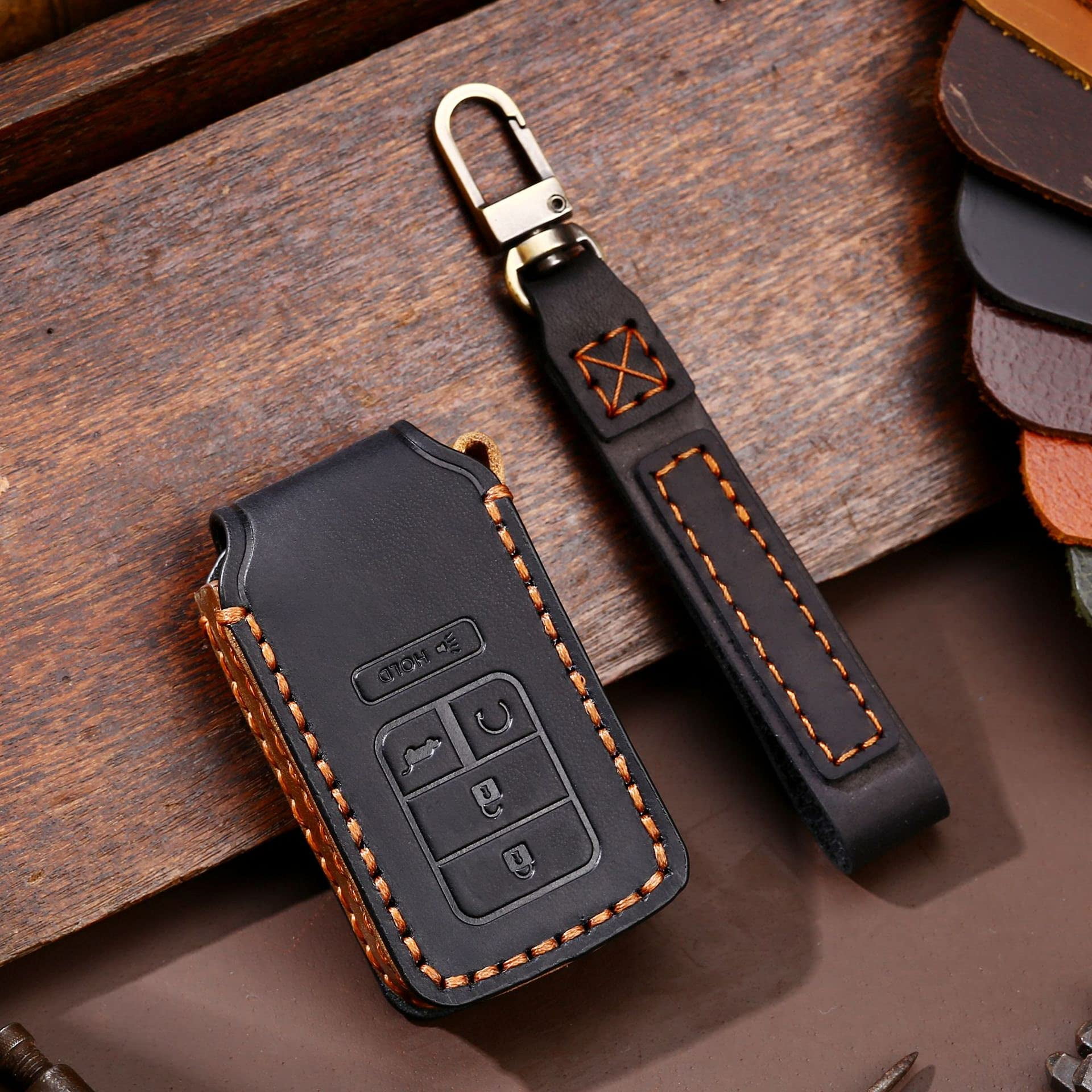 Key fob Cover with Keychain Leather Key Full Cover Protection Key Fob Case Fit for Honda Accord Civic CRV Pilot Odyssey Passport Smart Remote Key Cover