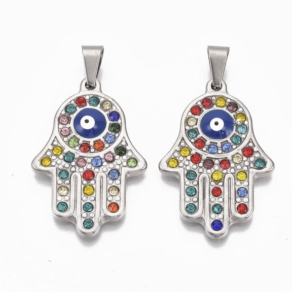 304 Stainless Steel Pendants with Colorful Rhinestone Iron Snap On Bails and Enamel Hamsa Hand/Hand of Fatima/Hand of Miriam with Stainless Steel color 38x25x4mm Hole: 5x7mm