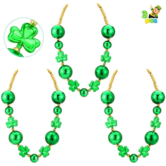 Joyfy 3 Pcs St. Patrick's Day Jumbo Bead Necklaces, Green Shamrock Necklaces Bulk for St. Patrick's Day Costume Party Accessories, Carnival Dress Up Decorations Favors