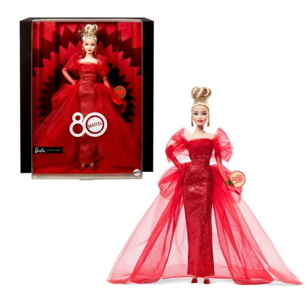 Barbie Signature Collectible Doll for Mattel 80th Anniversary, Glittery Red Tulle Gown, Blonde Hair