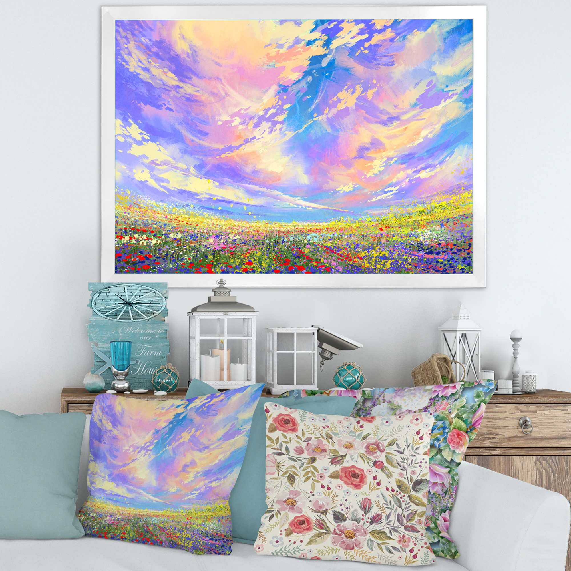 Designart 'Gorgeous Clouds Over Colorful Flowers In Field' Traditional Framed Art Print